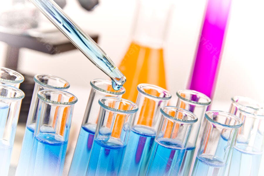 Tubos de ensaio com líquido azul em laboratório