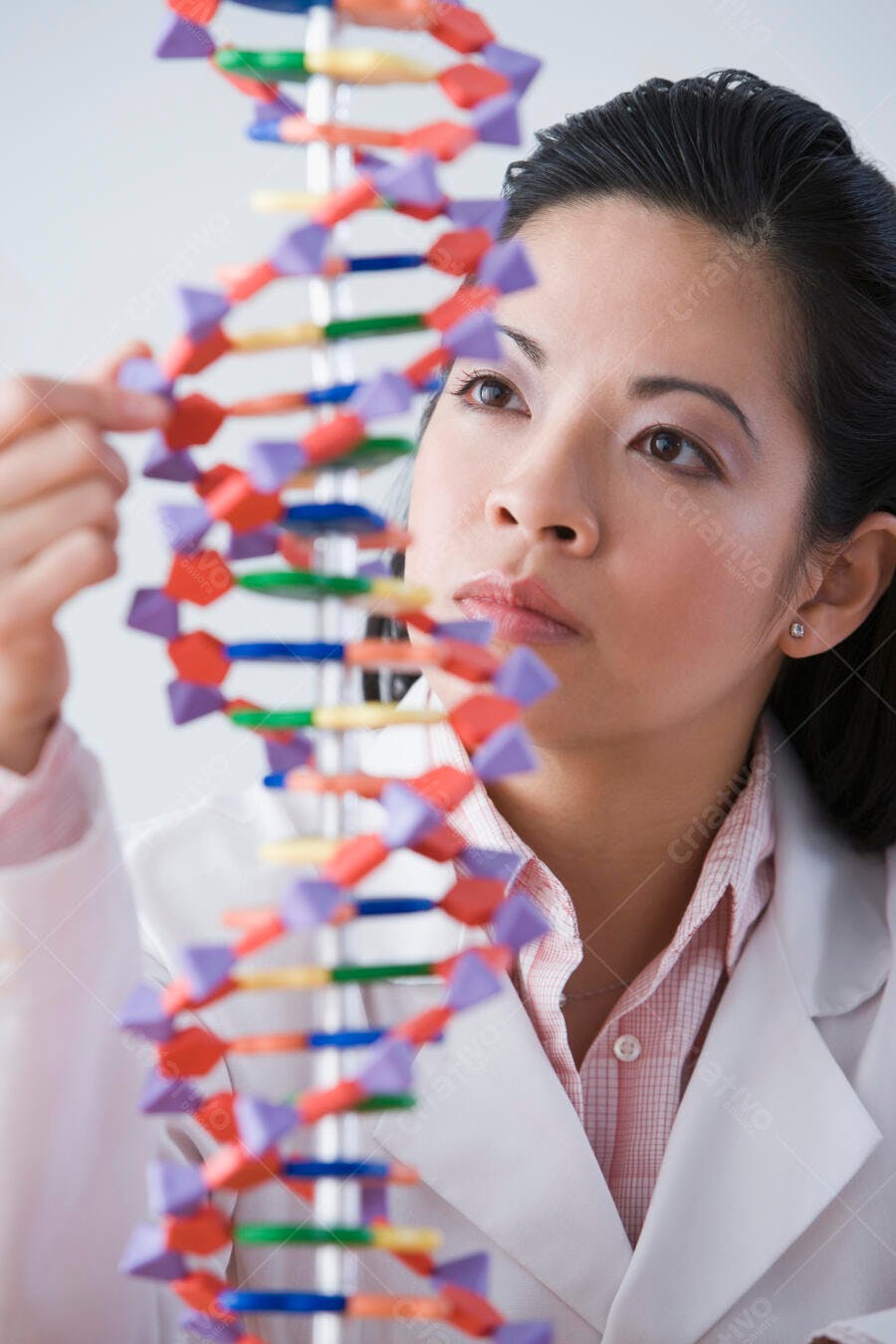 Cientista asiática estudando modelo de DNA