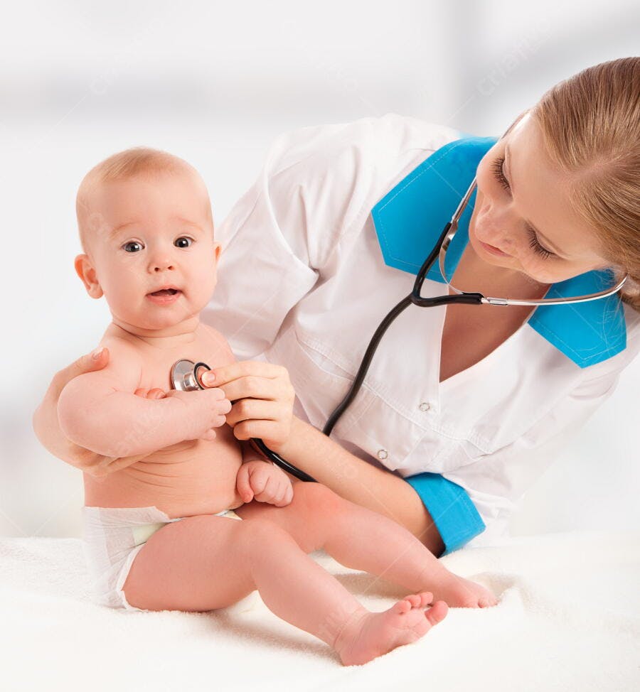 Bebê em consulta pediátrica com estetoscópio