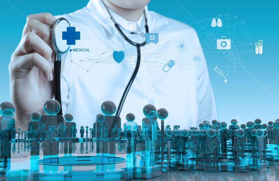 Médico com estetoscópio cuidando de pacientes