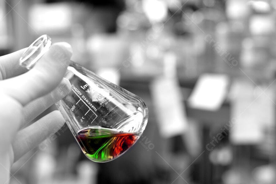 Erlenmeyer com líquido verde e vermelho