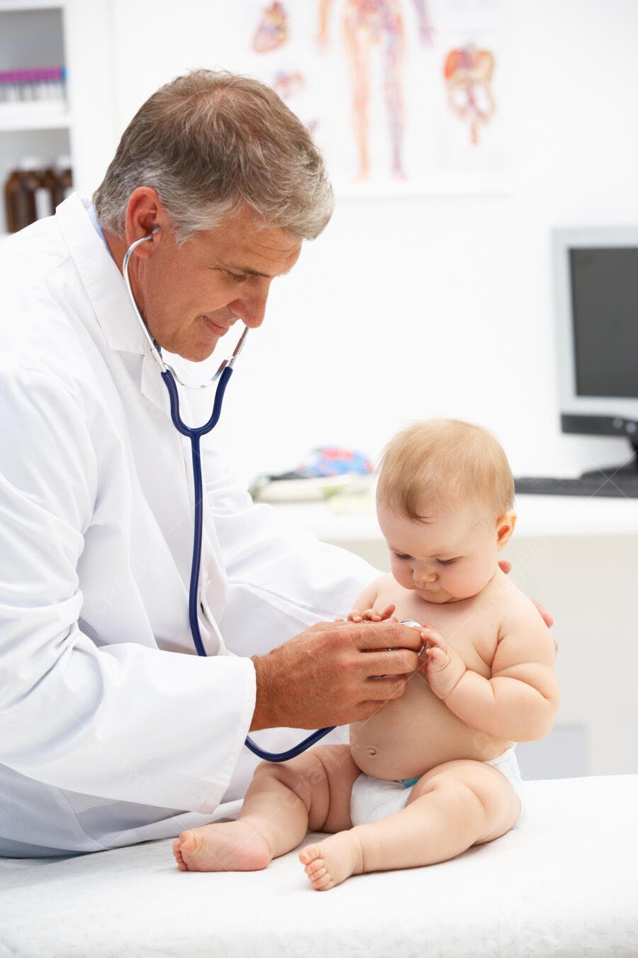 Médico examinando bebê com estetoscópio