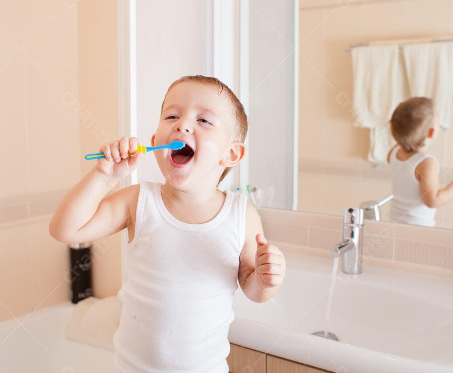 Criança escovando os dentes no banheiro
