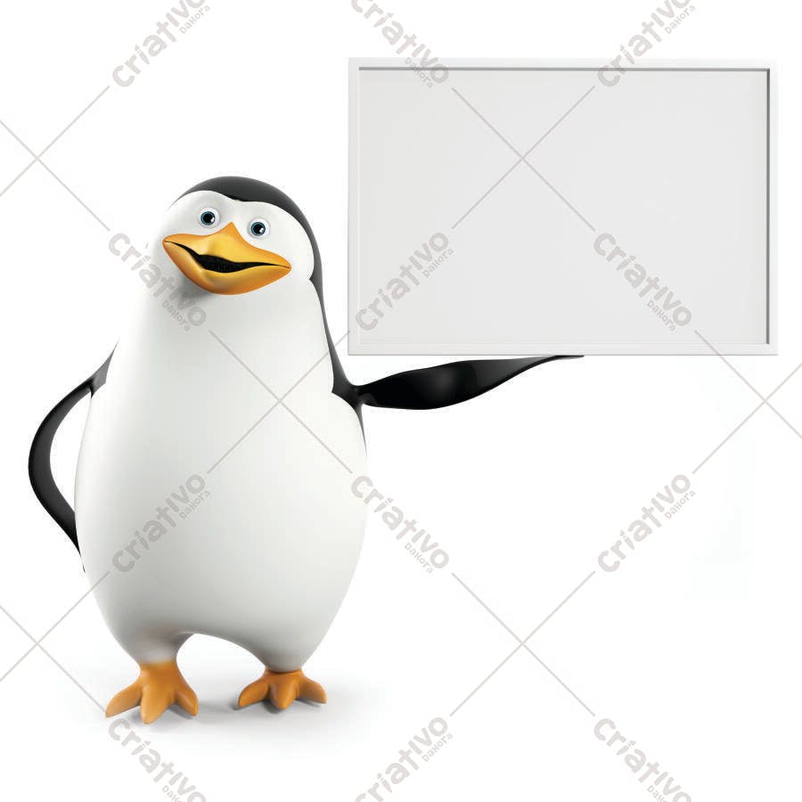 Pinguim animado segurando placa em branco