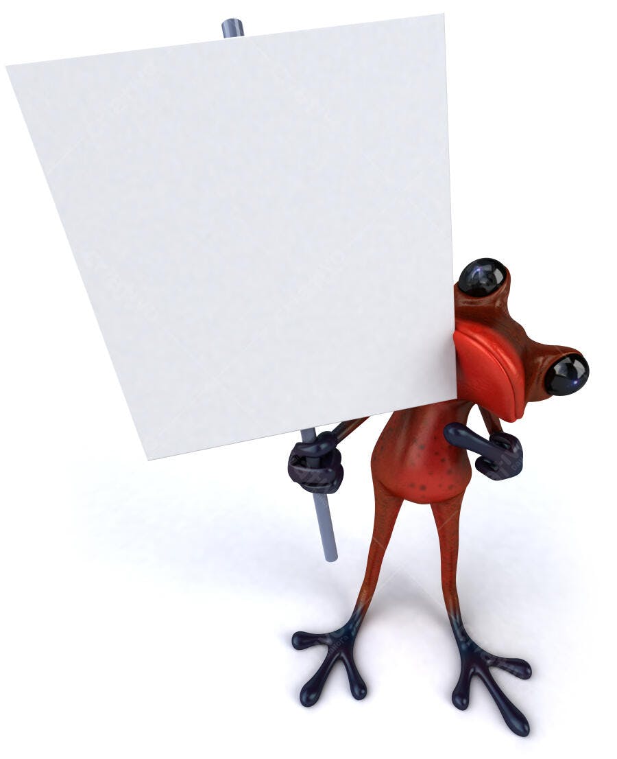 Sapo vermelho segurando cartaz em branco