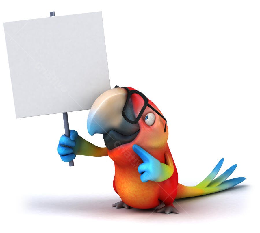 Papagaio com óculos segurando cartaz branco