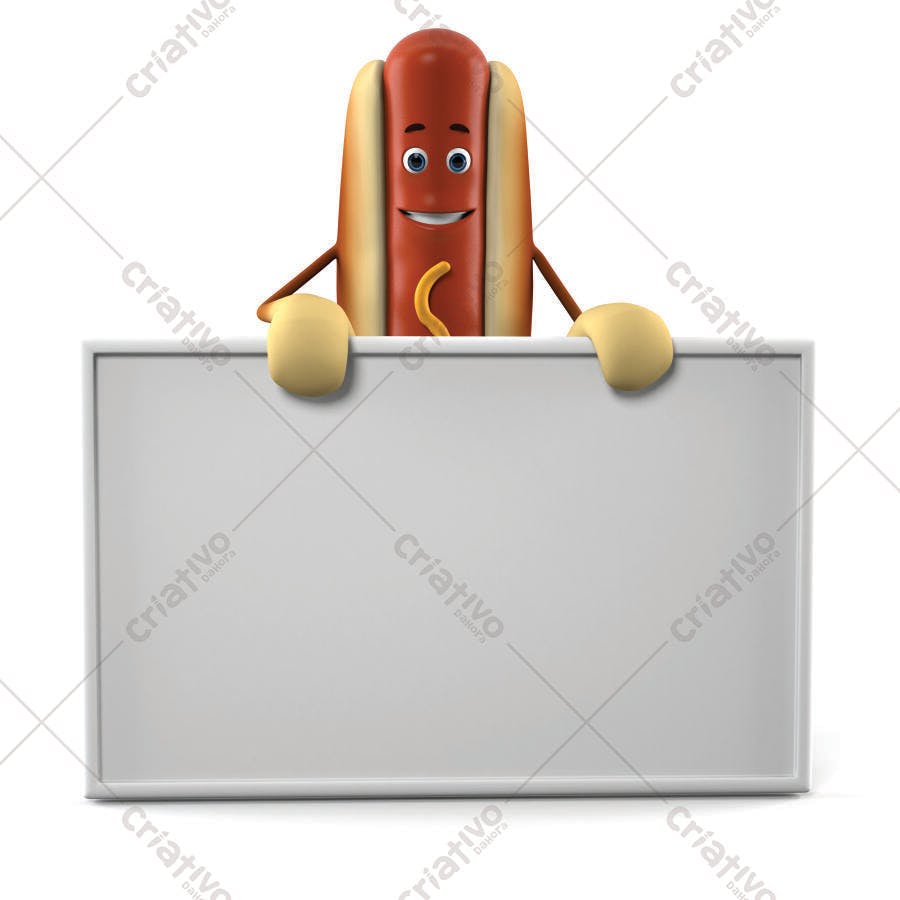 Hot dog personagem segurando placa branca