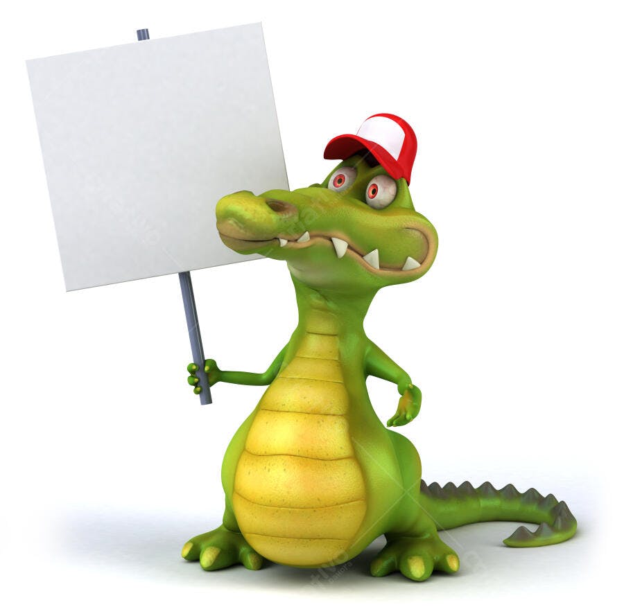Crocodilo verde com boné segurando cartaz