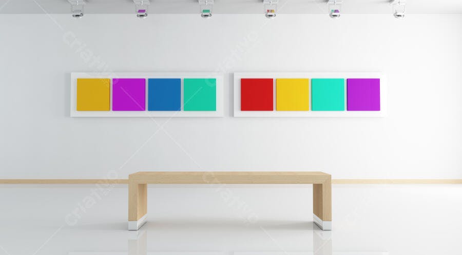 Galeria de arte moderna com banco de madeira