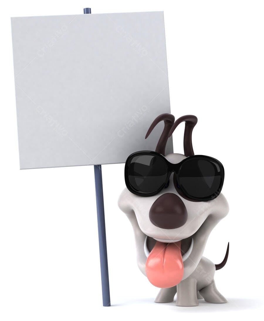 Cachorro estiloso com óculos escuros e cartaz