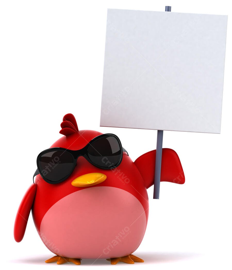 Pássaro vermelho com óculos escuros segurando cartaz