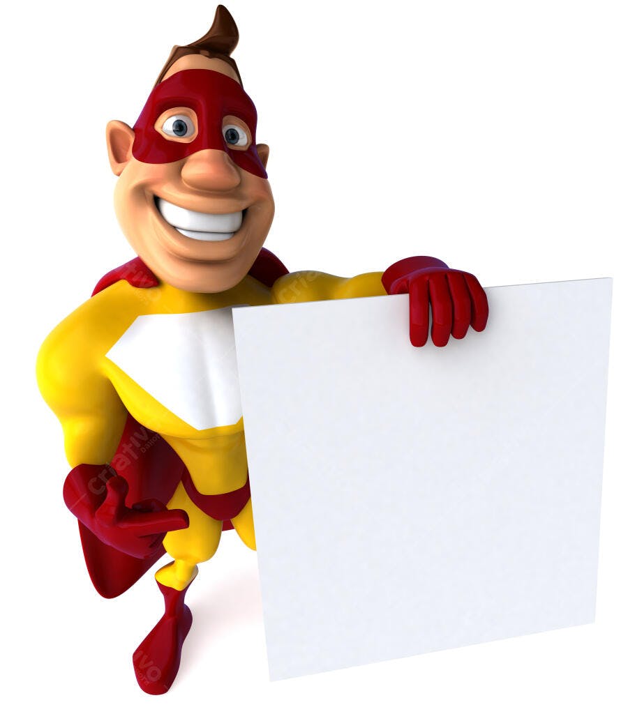 Super-herói sorridente segurando cartaz amarelo e vermelho