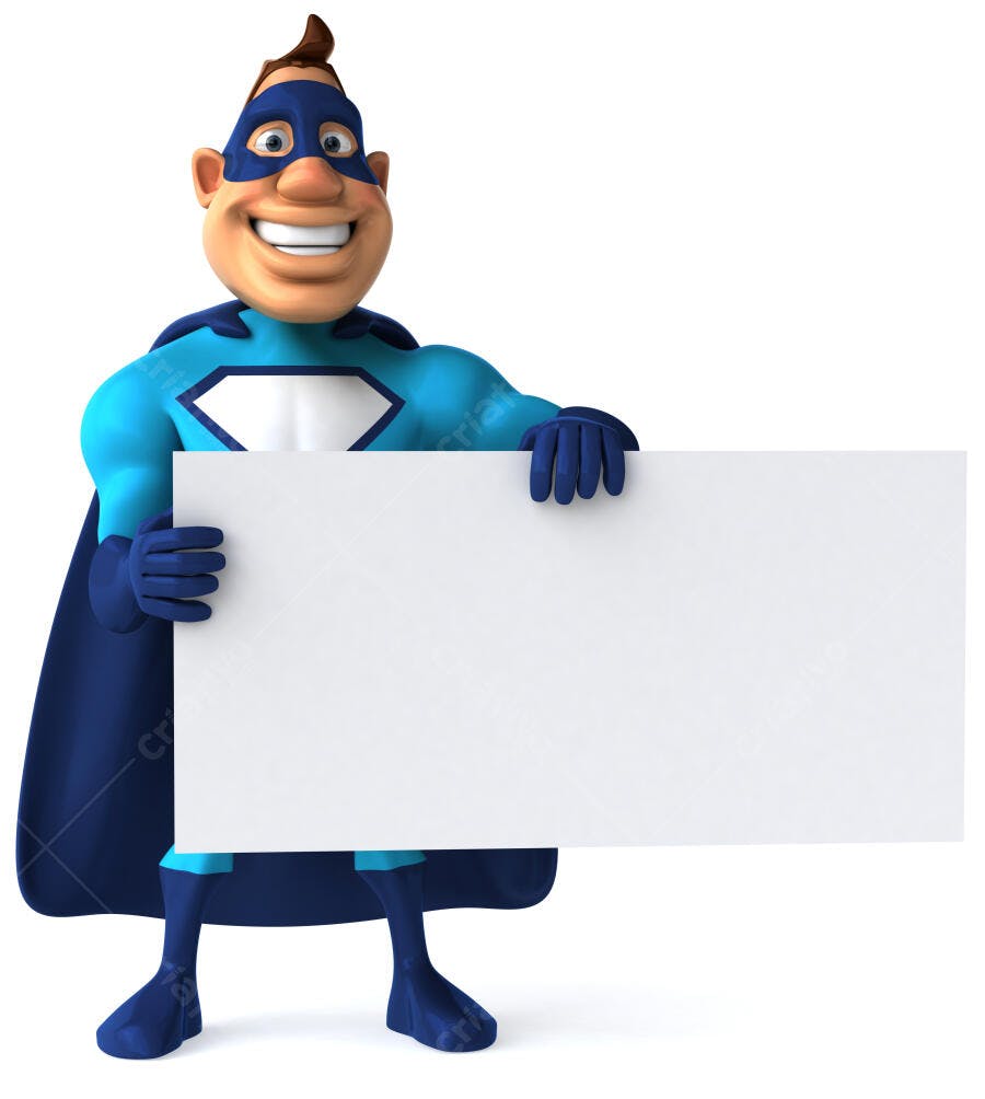 Super-herói azul segurando cartaz em branco
