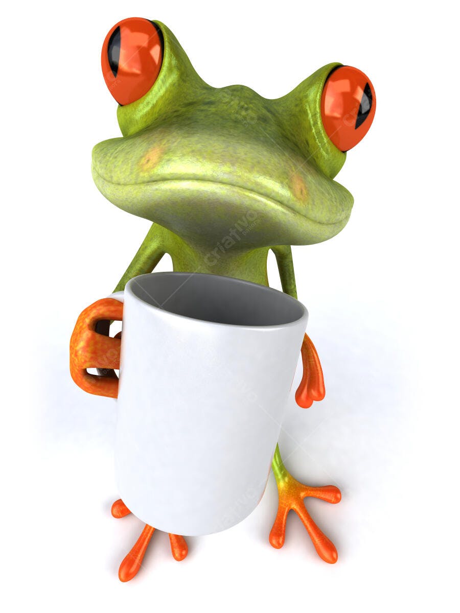 Sapo verde segurando caneca branca