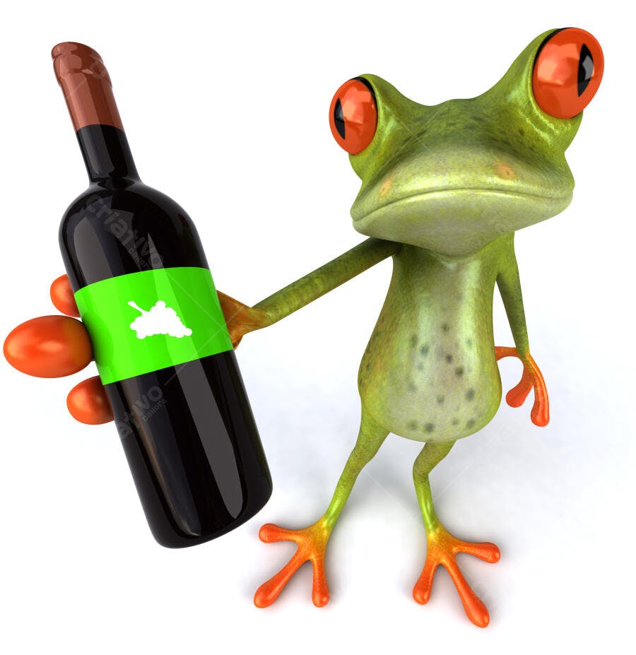 Sapo segurando garrafa de vinho verde