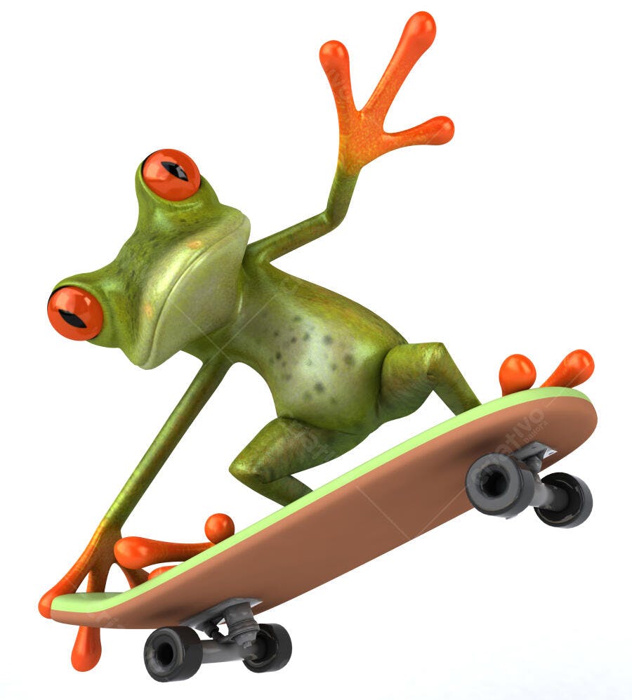 Sapo verde sobre skate estilo cartoon