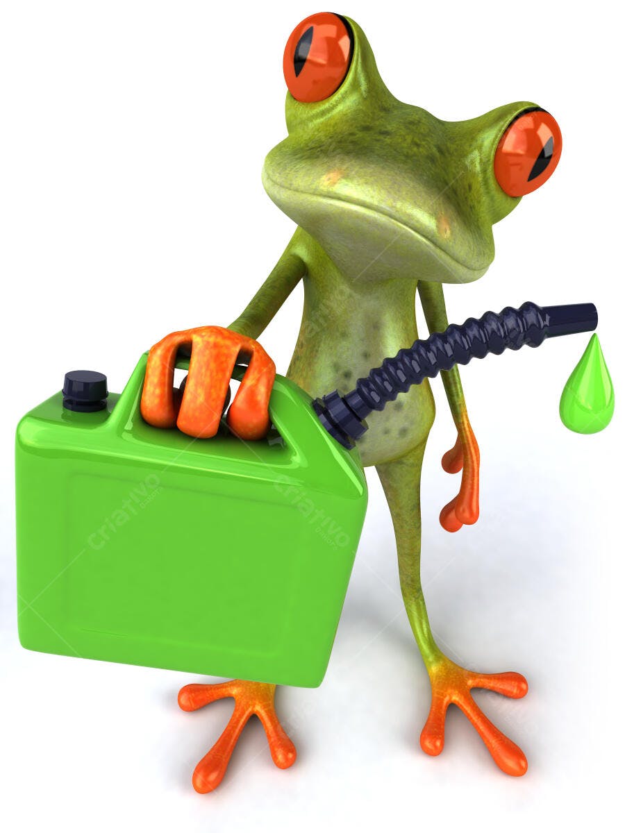 Sapo segurando galão de combustível verde
