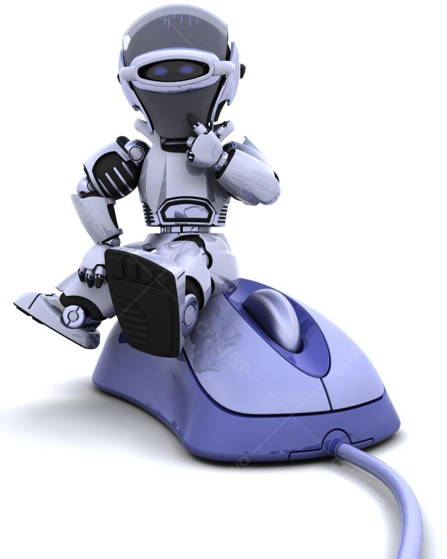 Robô futurista sentado em mouse azul