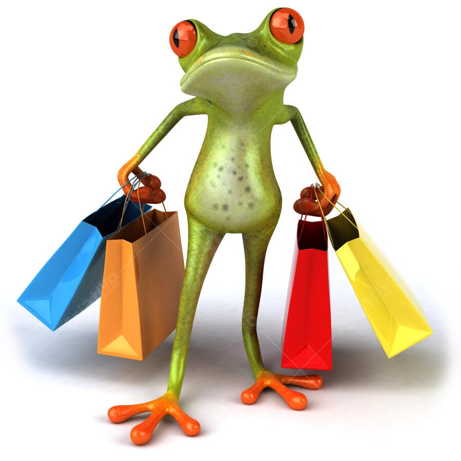 Sapo com sacolas de compras coloridas