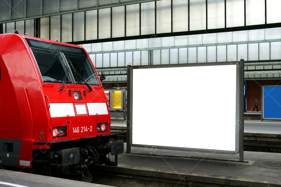 Trem vermelho em estação com painel branco