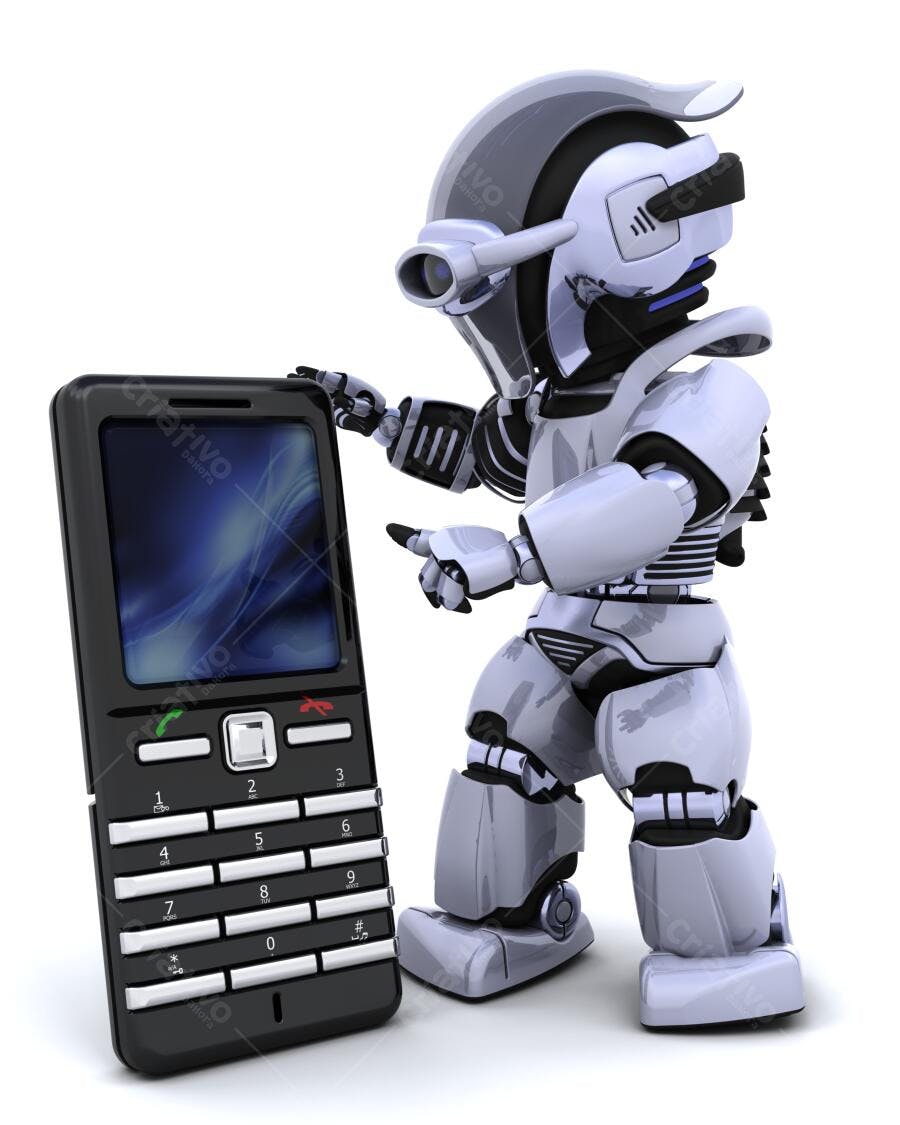 Robô futurista interagindo com celular antigo