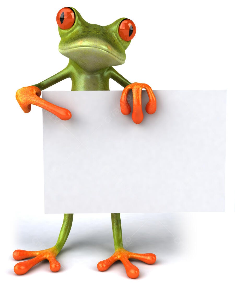 Sapo verde segurando cartaz branco