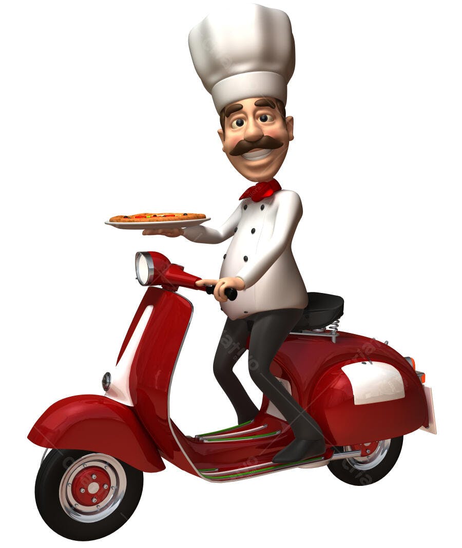 Pizzaiolo em Vespa entregando pizza