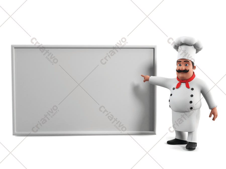 Chef de desenho animado apontando para quadro branco