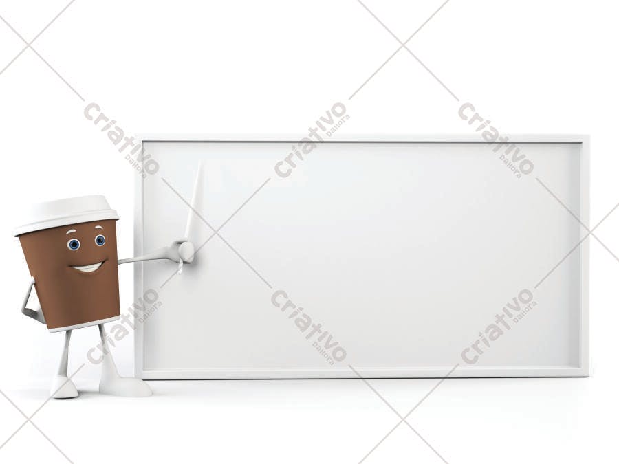 Copo de café personagem apontando quadro branco