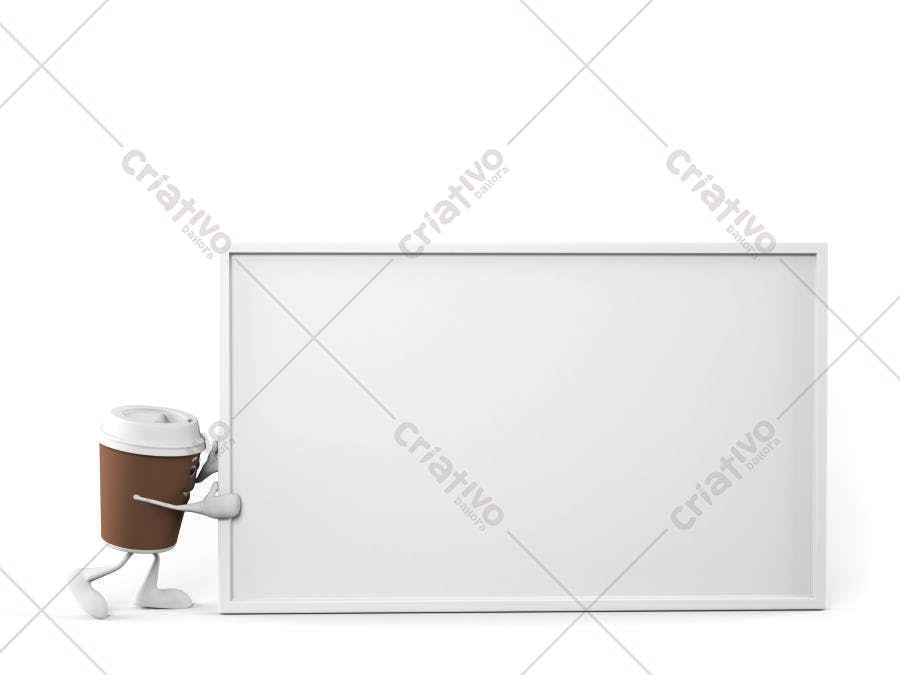 Copo de café personagem segurando quadro branco