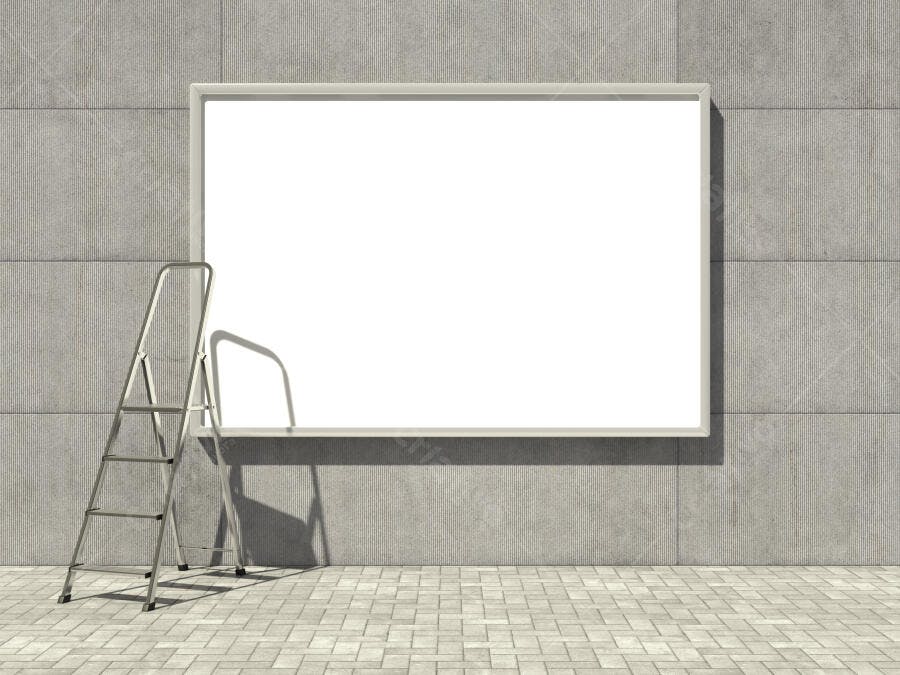 Escada e painel em branco em parede cinza