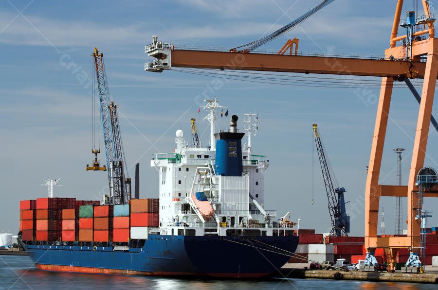 Navio cargueiro em porto com guindastes