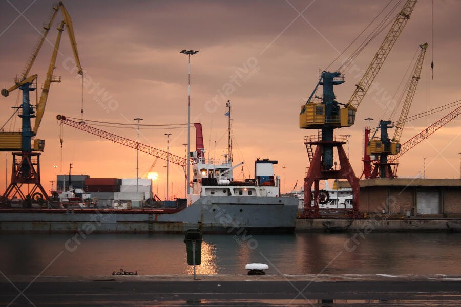 Porto ao entardecer com navios e guindastes