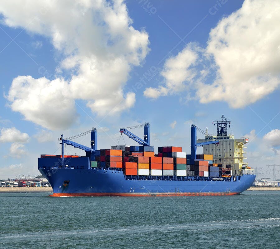Navio cargueiro azul transportando contêineres