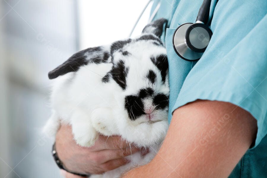 Coelho branco e preto nos braços de veterinário