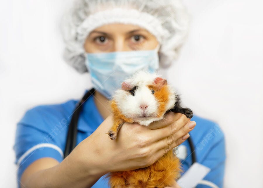 Veterinária examinando cobaia laranja e branca