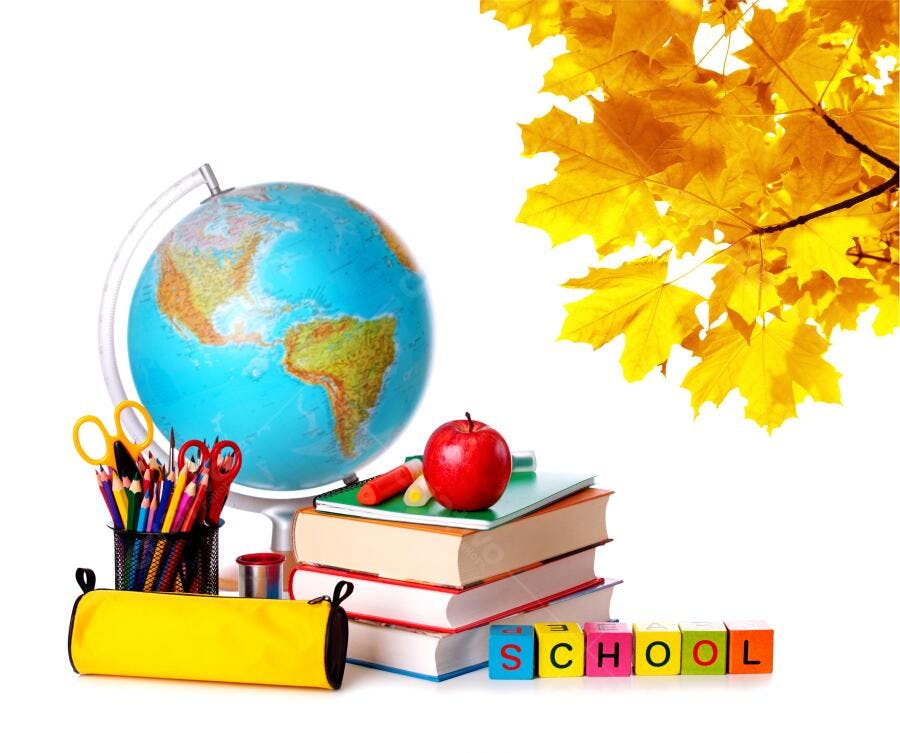 Material escolar com globo terrestre e folhas de outono