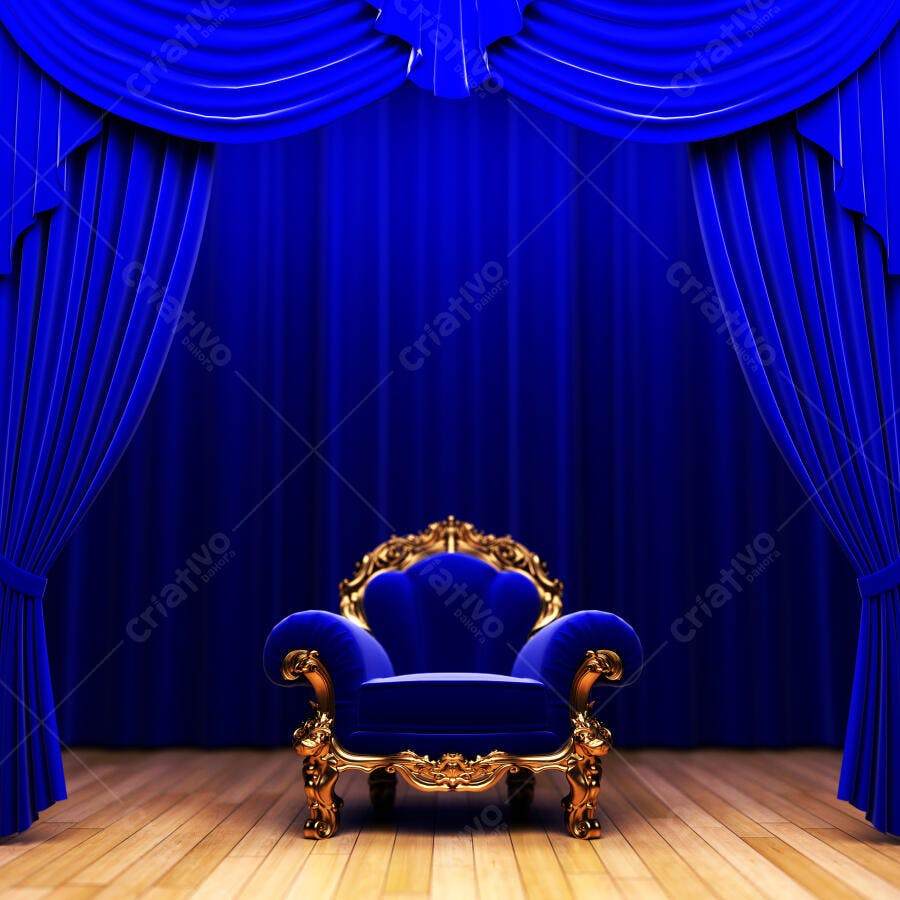 Poltrona azul real em palco com cortinas