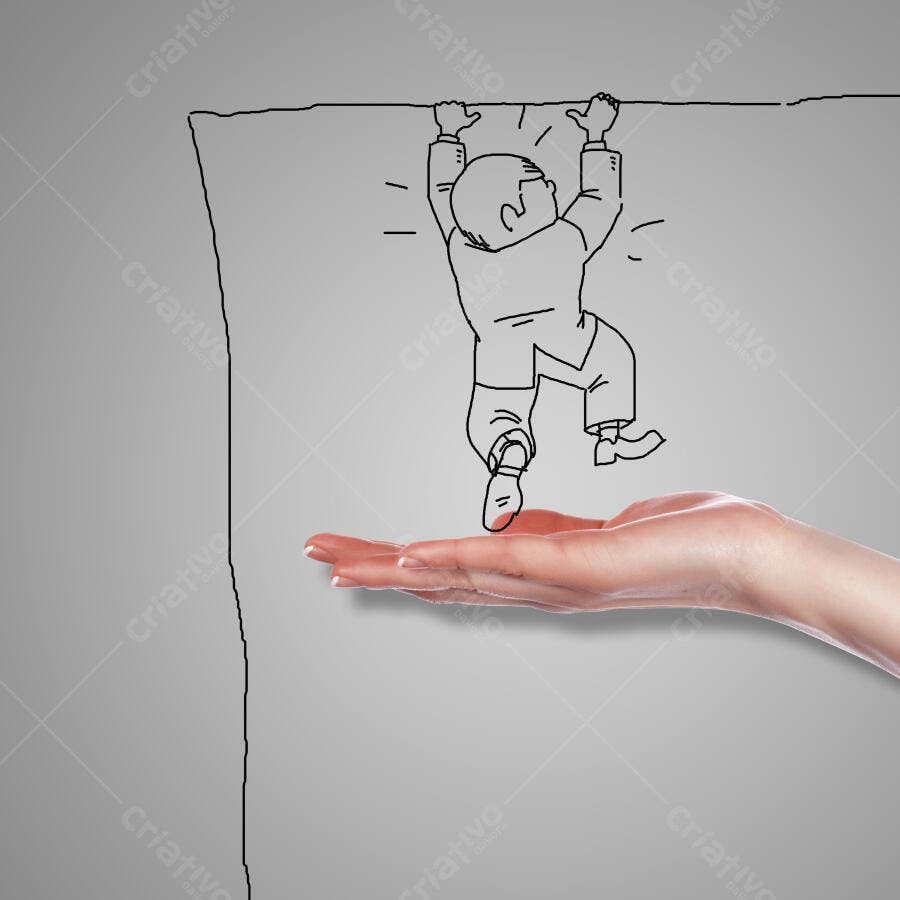 Desenho homem pendurado mão gigante