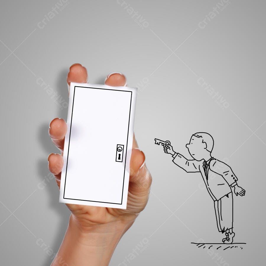 Desenho mão segurando porta e homem com chave