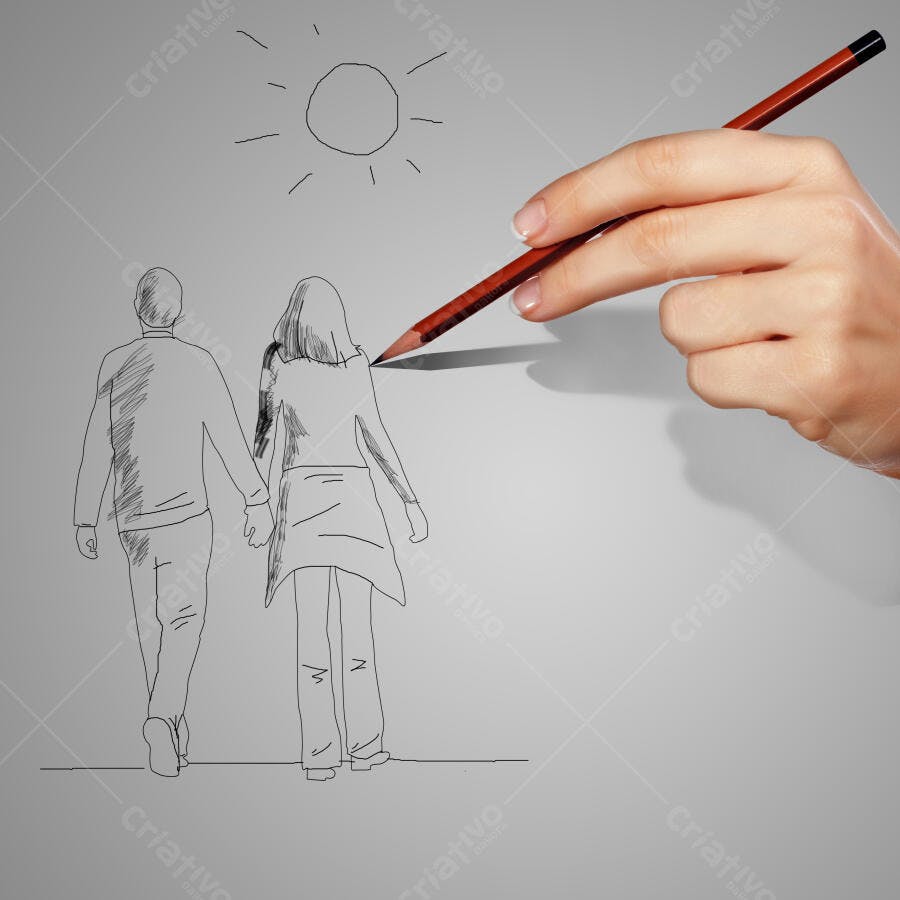 Desenho casal de mãos dadas sob o sol