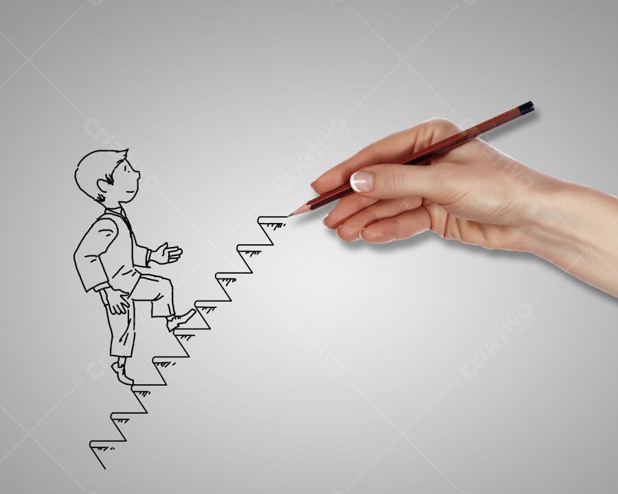 Desenho mão desenhando homem subindo escada