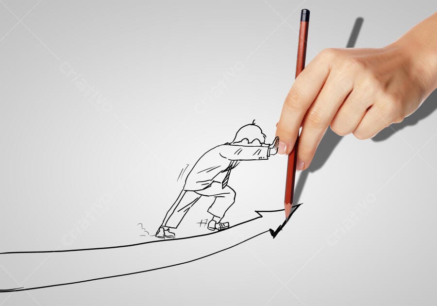 Desenho de homem de negócios impulsionando gráfico de crescimento