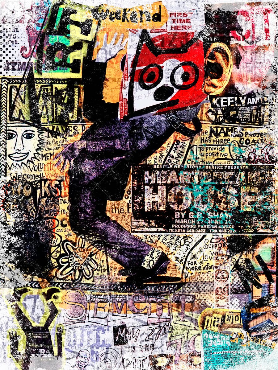 Colagem urbana com figura antropomórfica