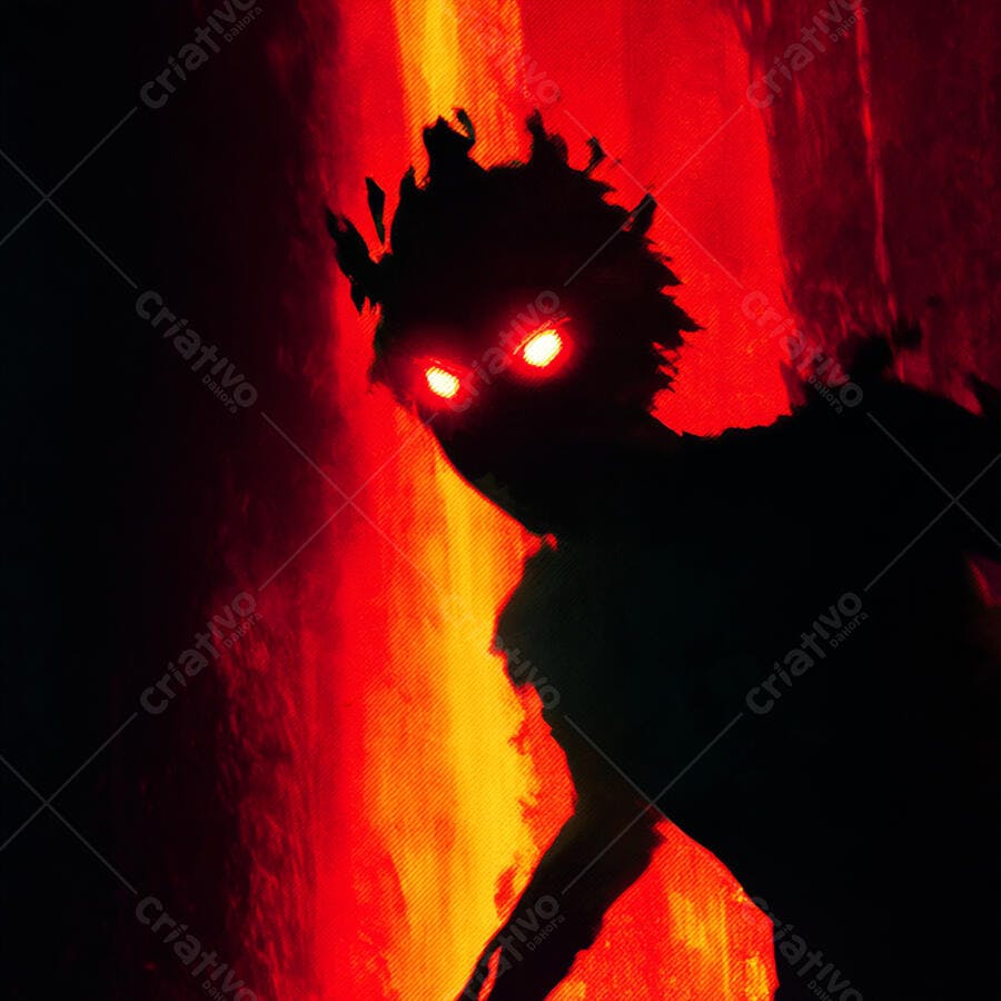 Silhueta misteriosa com olhos vermelhos em fundo vermelho