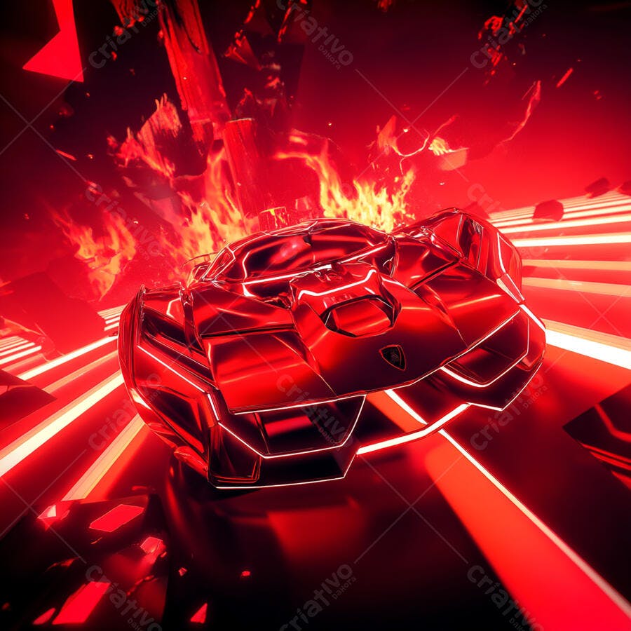 Supercarro vermelho em chamas numa pista futurista