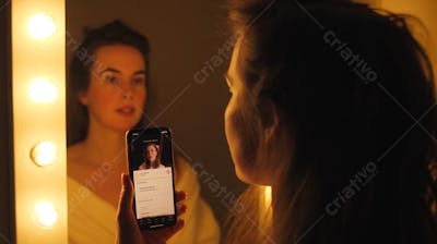 Cena de ritual matinal com mulher no espelho usando assistente de skincare com estilo clean e sofisticado 