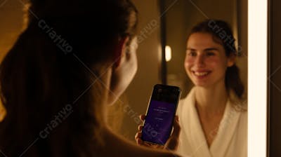 Cena de ritual matinal com mulher no espelho usando assistente de skincare com estilo clean e sofisticado 