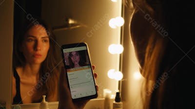 Cena de ritual matinal com mulher no espelho usando assistente de skincare com estilo clean e sofisticado 