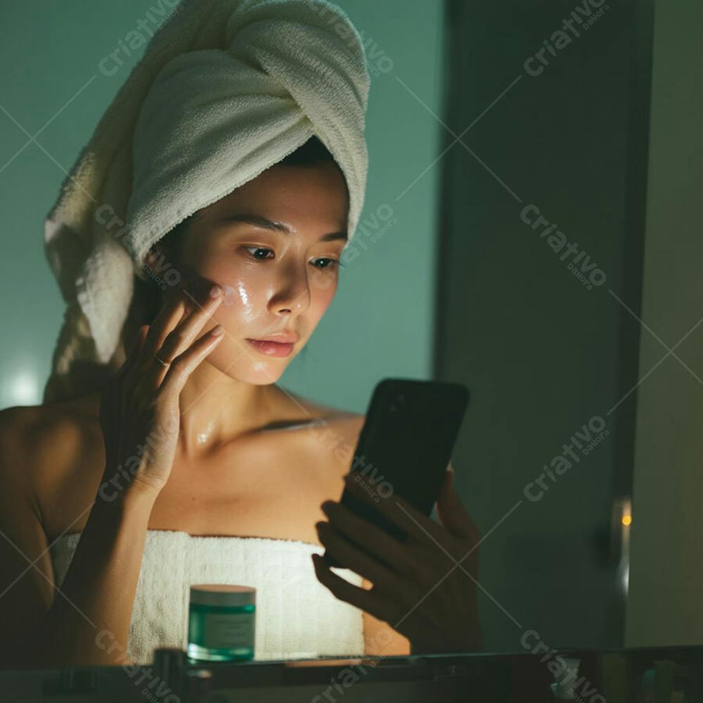 Cena suave e íntima de mulher asiática aplicando skincare enquanto usa app de beleza, com tons calmos em pastel 